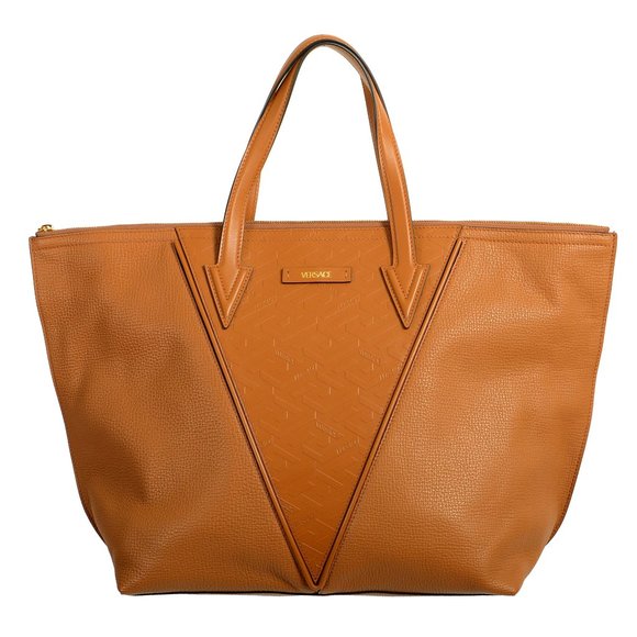 Versace Women's Brown 100% Textured Leather V-Logo Tote Handbag Shoulder Bag - Picture 1 of 8